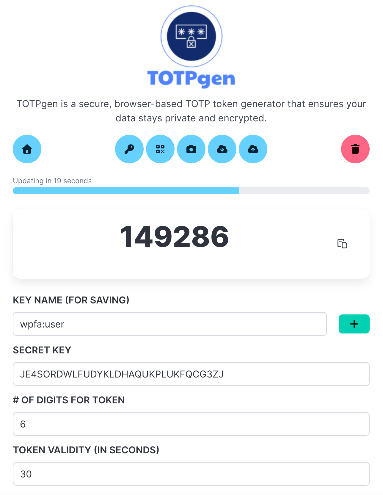 TOTPgen main interface